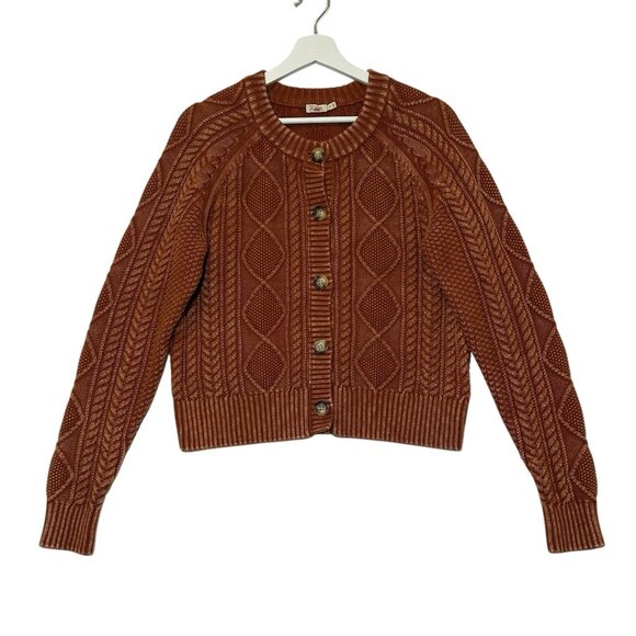Faherty Sunwashed Cable Knit Cardigan Sweater Medium Women Brown Cotton Organic - Picture 3 of 12
